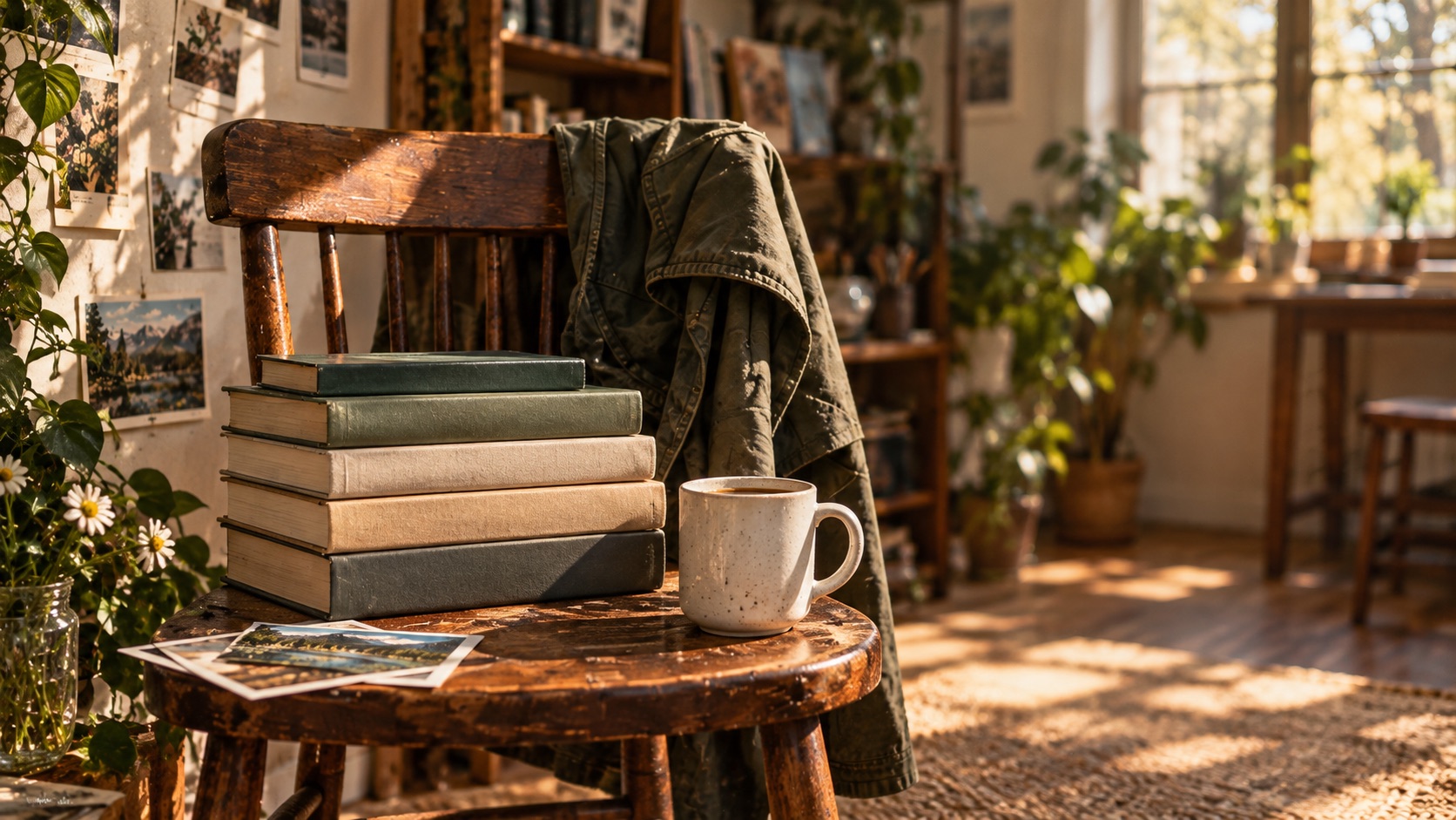 A wooden chair with books, a jacket and a coffee mug in a sunlit publishing studio.