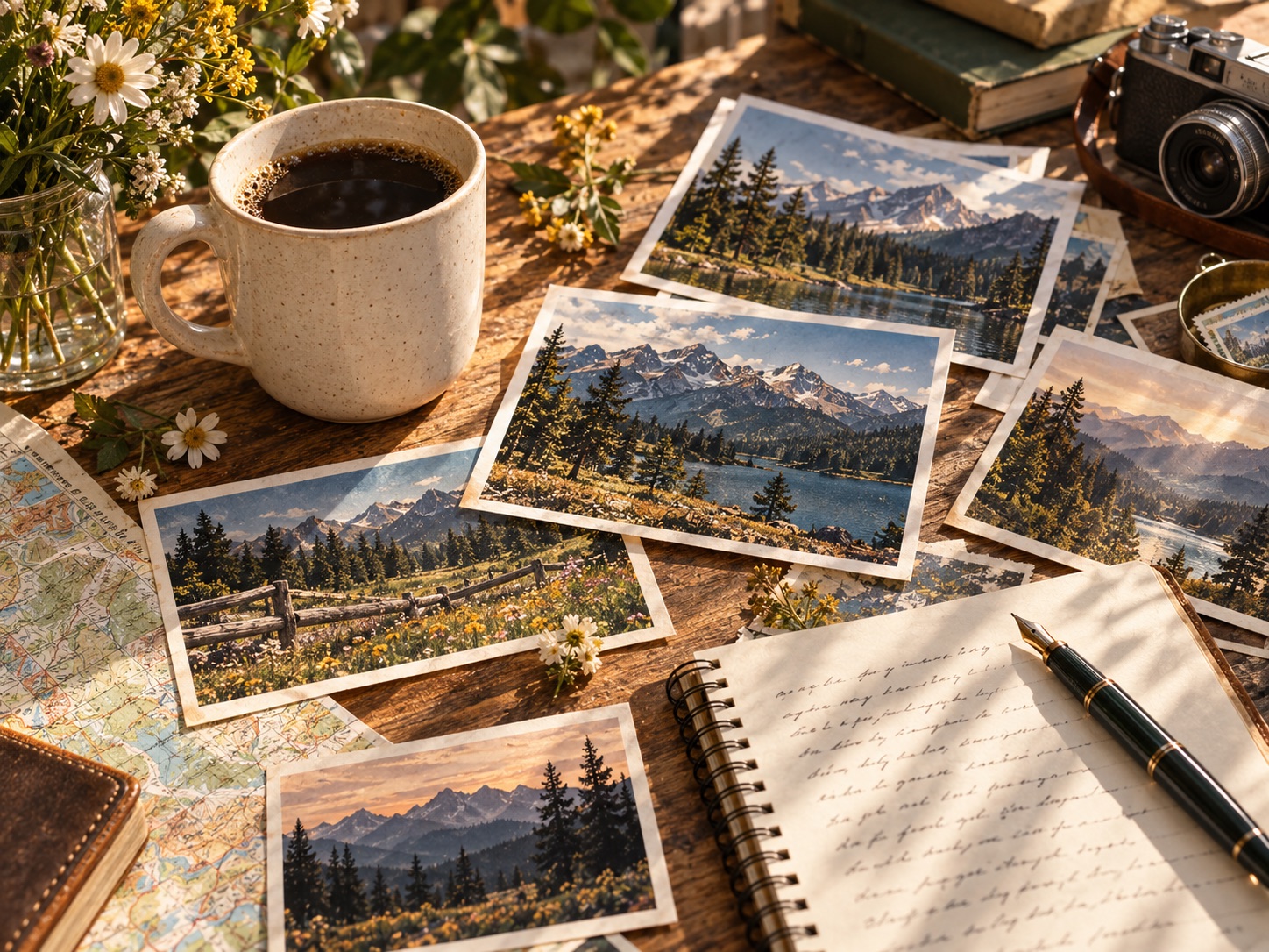 Coffee, mountain postcards, flowers and a notebook on a warmly sunlit desk.