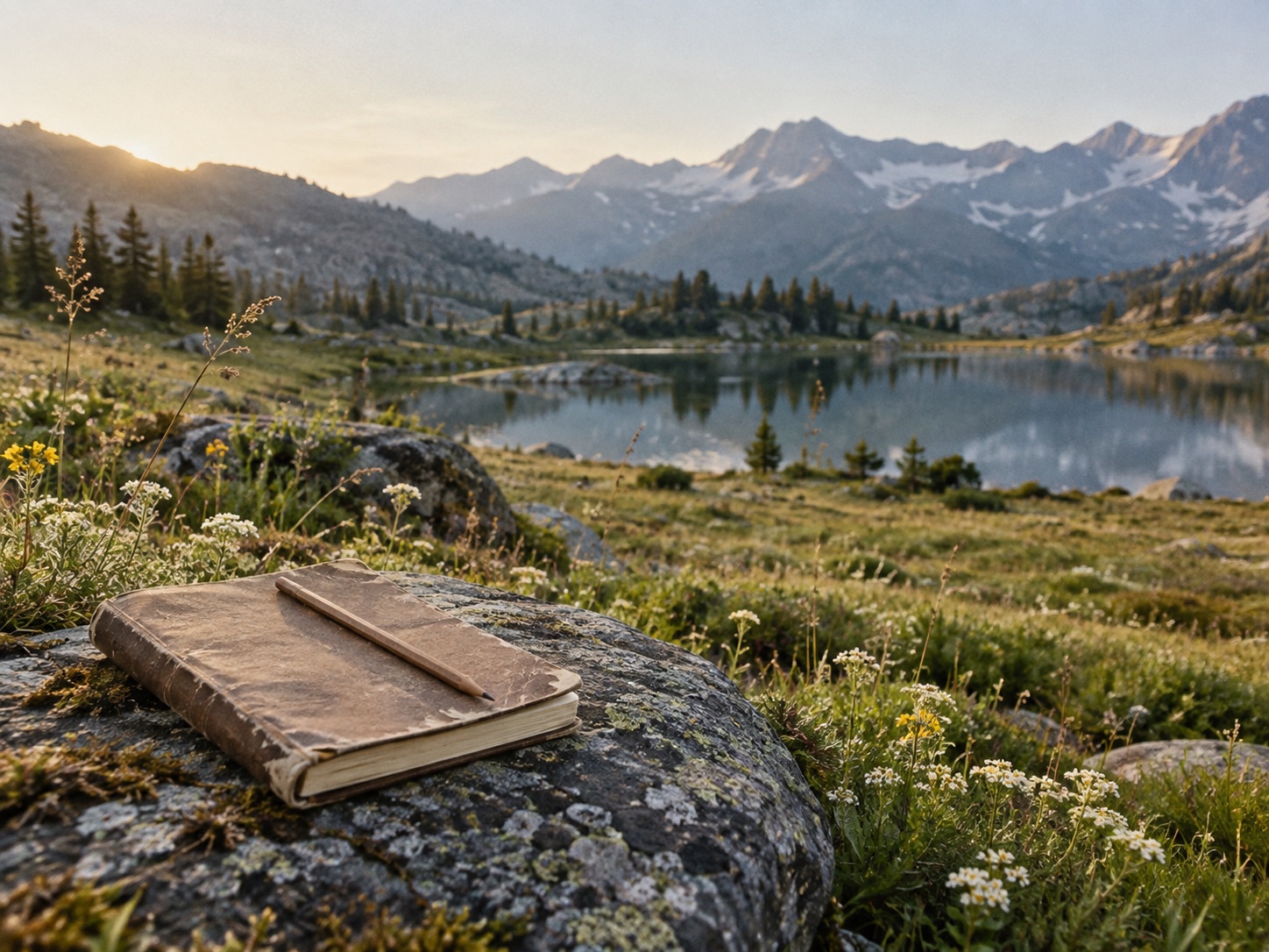 Mountain lake, wildflowers, and a notebook for the Field Notes theme.